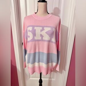 Sincerely Jules Pink & Blue Striped SKI Crewneck Sweater Size L